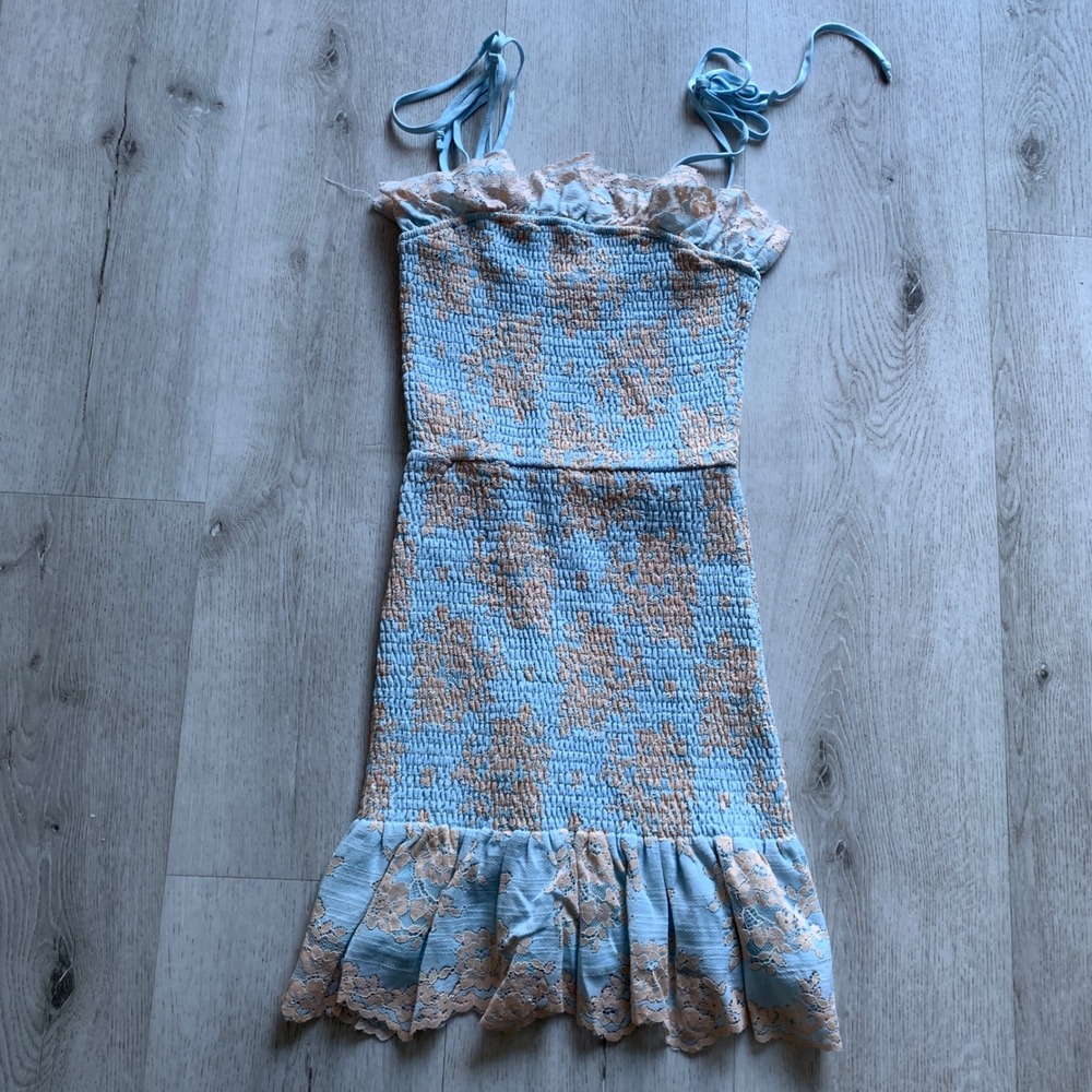 STORIA Smocked Mini Dress Women's Small Blue Floral Tie Shoulder Lace Hem